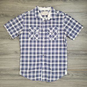 Marc Ecko Casual Button Down Short Sleeve  Shirt Blue/White/Grey Size Medium